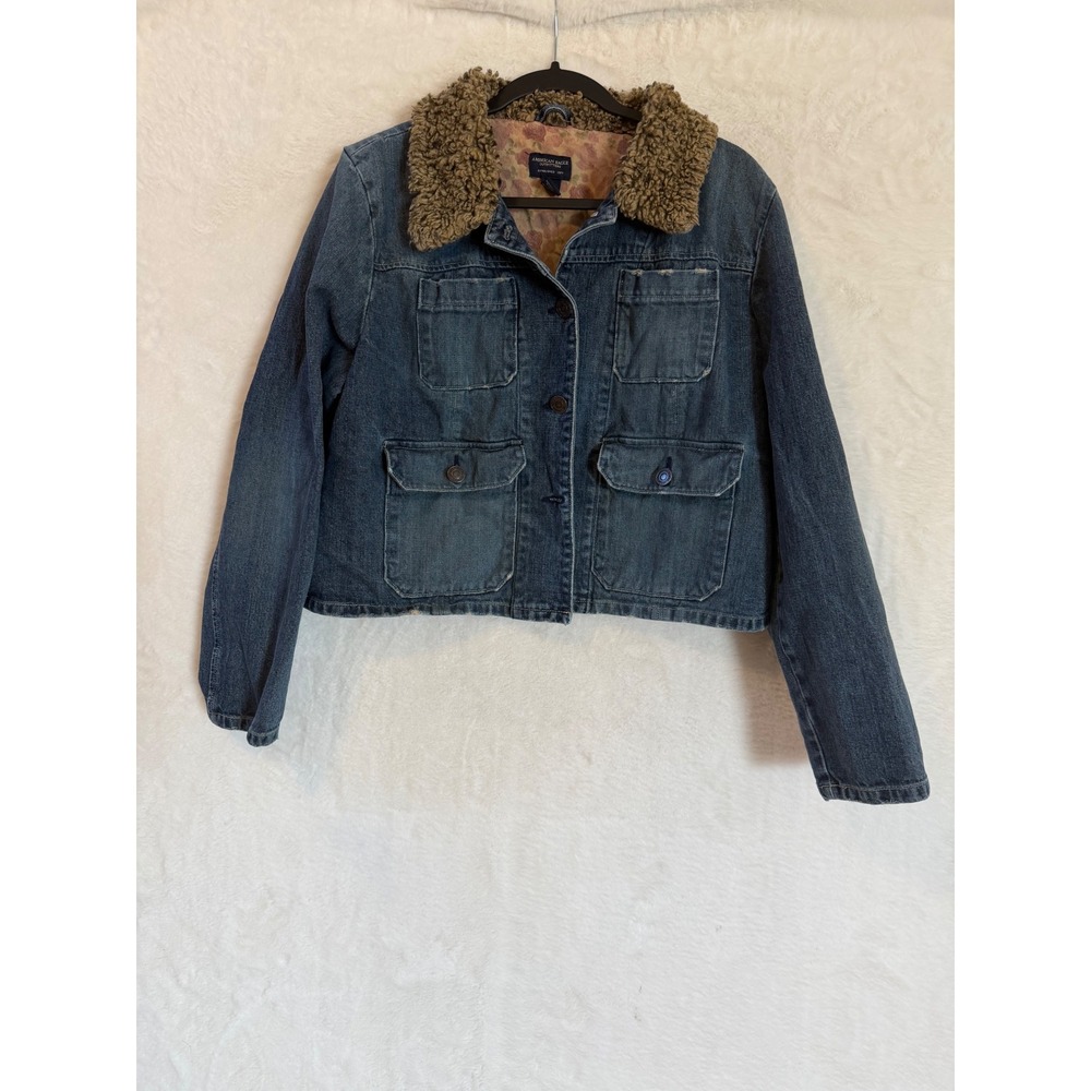 American Eagle Denim Jacket XL Womens Faux Shearling Collar Floral Lining Blue